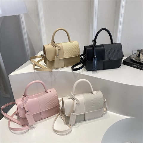 Bolso Bandolera Para Mujer Cuero PU Patchwork Tejido Color Contrastante Pequeño Bolso Cuadrado Con Asa Superior Retro