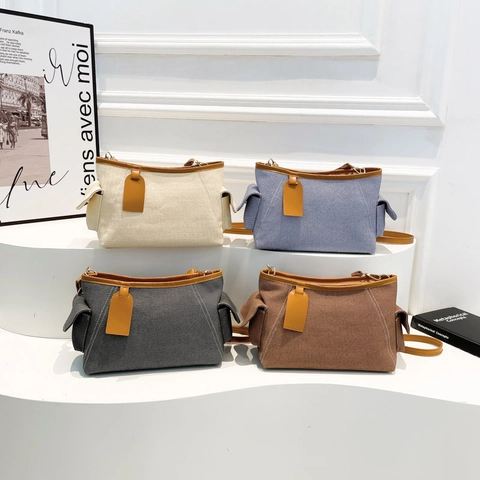 Borsa a Spalla da Donna in Tela e Pelle PU Patchwork Borsa Sottobraccio Casual da Pendolare Con Tasche Laterali Retro