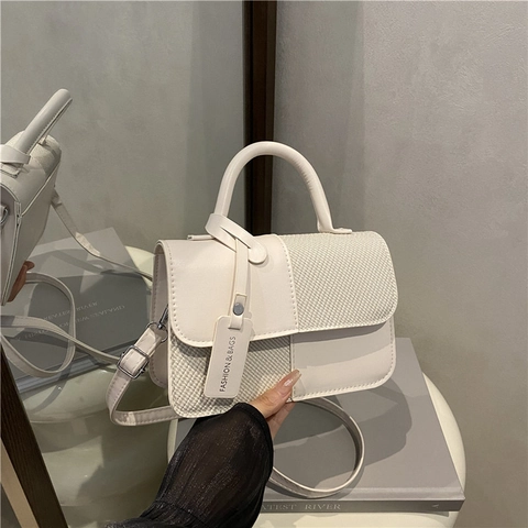 Bolso Bandolera Para Mujer Cuero PU Patchwork Tejido Color Contrastante Pequeño Bolso Cuadrado Con Asa Superior Retro