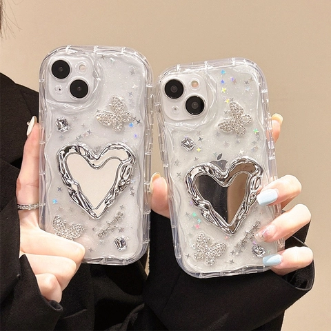 iPhone Case With Heart Makeup Mirror Rhinestone Butterfly Glitter Star Wavy Edge TPU Protective Cover For Women