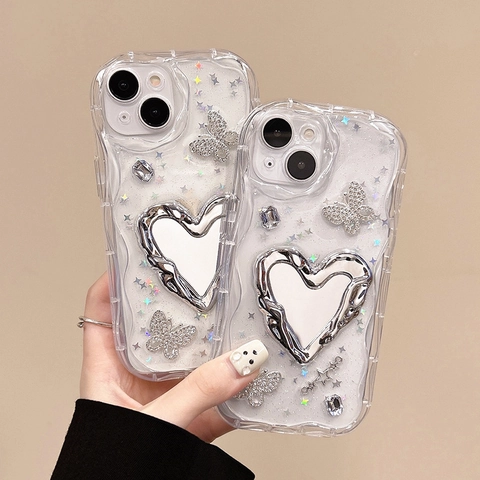 iPhone Case With Heart Makeup Mirror Rhinestone Butterfly Glitter Star Wavy Edge TPU Protective Cover For Women
