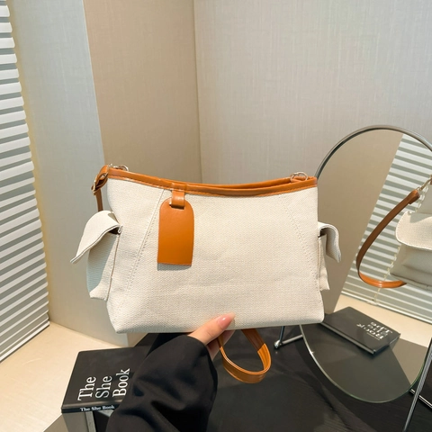 Borsa A Tracolla Da Donna In Tela Finiture In Pelle PU Stile Retrò Tasche Laterali Cuciture A Contrasto