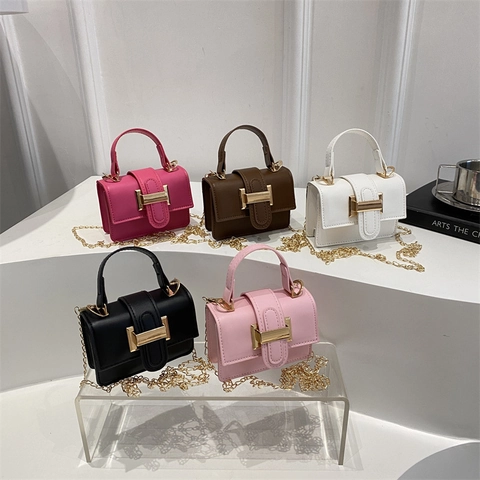 Mini Handbag For Women PU Leather Trendy Crossbody Bag With Detachable Gold Chain Strap And Top Handle Square Simple