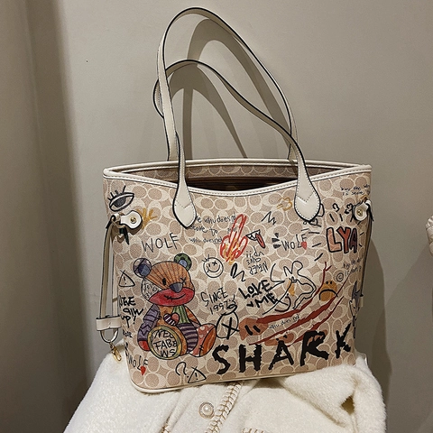 Borsa Tote Graffiti Da Donna Grande Capacità Borsa A Mano Pelle PU Tela Stampa Orso Squalo Lupo Stile Street Fashion