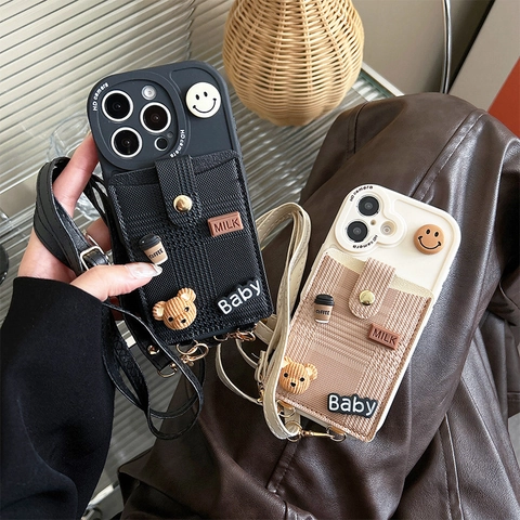 Custodia Per Telefono Con Portacarte Tracolla Silicone Tessuto 3D Cartone Animato Orso Caffè Cover Per iPhone
