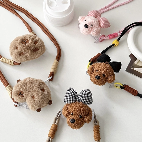 Plush Cartoon Capybara Poodle Phone Back Clip Crossbody Lanyard Adjustable Braided Rope Neck Strap Cute
