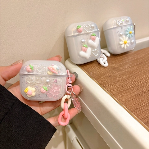 Custodia Auricolari Fragola Cuore Dolce Carina 3D Fiore Orso Cover Protettiva TPU Con Pendente Per Cuffie Senza Fili Ragazze