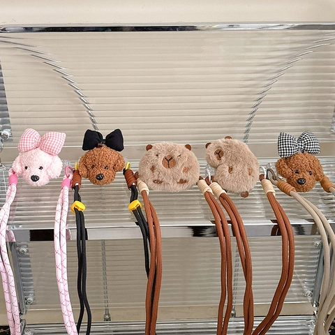 Plush Cartoon Capybara Poodle Phone Back Clip Crossbody Lanyard Adjustable Braided Rope Neck Strap Cute