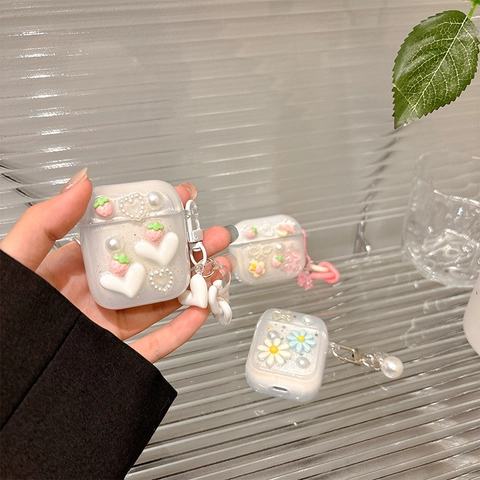 Custodia Auricolari Fragola Cuore Dolce Carina 3D Fiore Orso Cover Protettiva TPU Con Pendente Per Cuffie Senza Fili Ragazze