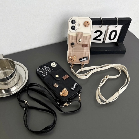 Custodia Per Telefono Con Portacarte Tracolla Silicone Tessuto 3D Cartone Animato Orso Caffè Cover Per iPhone