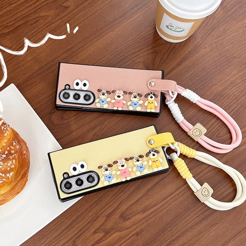 Cute Cartoon Puppy Foldable Phone Case Leather Texture For Samsung Z Flip Huawei Pocket 3D Dog Lanyard Wrist Strap Cover