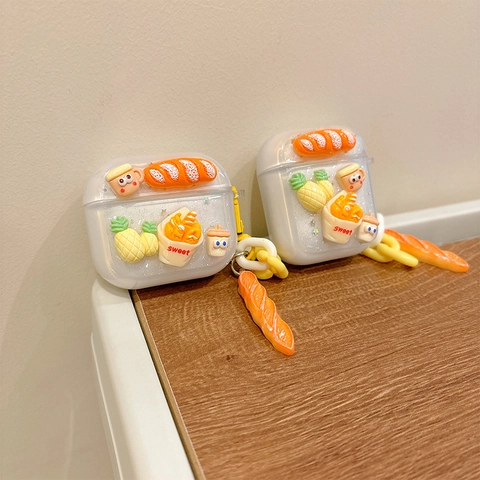 Custodia Per Auricolari Cibo 3D TPU Trasparente Con Glitter Guscio Protettivo Con Ciondolo A Forma Di Baguette E Catena
