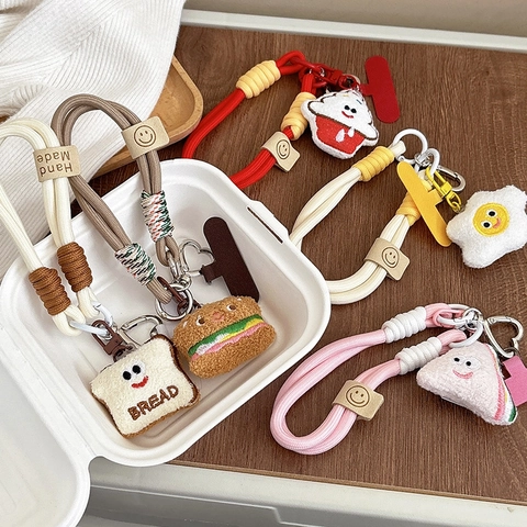 Cute Plush Food Charm Phone Lanyard Braided Anti-Drop Wrist Strap For Women Burger Toast Egg Ice Cream Shape Phone Chain
