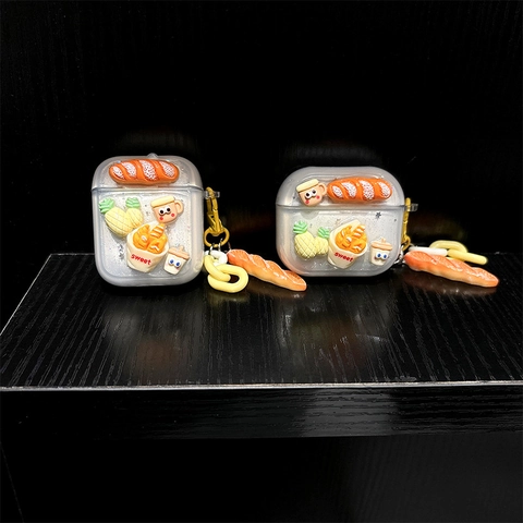 Custodia Per Auricolari Cibo 3D TPU Trasparente Con Glitter Guscio Protettivo Con Ciondolo A Forma Di Baguette E Catena