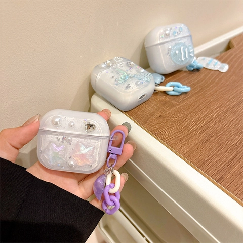 Glitzer TPU Kabellose Kopfhörer Hülle Mit 3D Stern Fisch Charms Und Kunststoff Kette Anhänger Verträumte Klare Schutzhülle