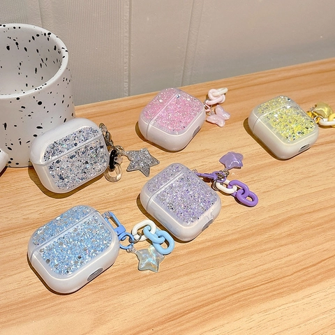 Custodia Per Auricolari Glitterata Con Catena In Acrilico Ciondolo Stella Farfalla Cover Protettiva In TPU Moda