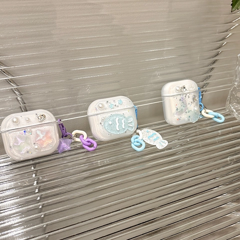 Glitzer TPU Kabellose Kopfhörer Hülle Mit 3D Stern Fisch Charms Und Kunststoff Kette Anhänger Verträumte Klare Schutzhülle