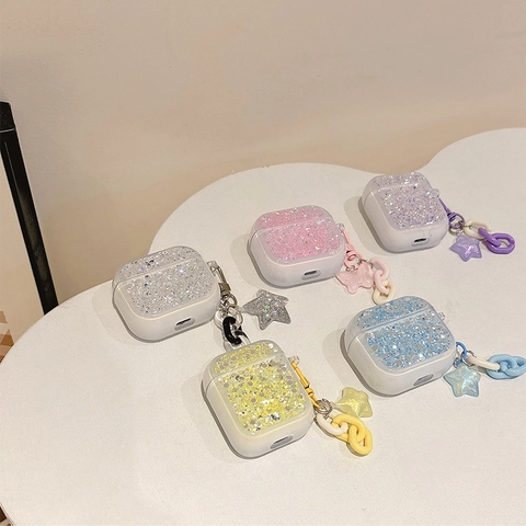 Custodia Per Auricolari Glitterata Con Catena In Acrilico Ciondolo Stella Farfalla Cover Protettiva In TPU Moda