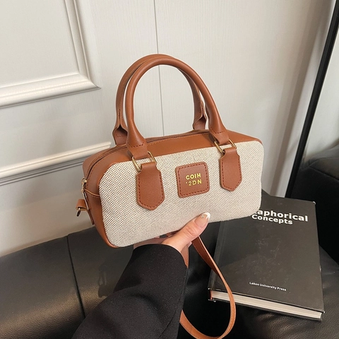 Borsa Boston Retrò Donne Tela Pelle PU Patchwork Borsa A Mano Tracolla Spalla Bowling Bag Stile Vintage Cerniera