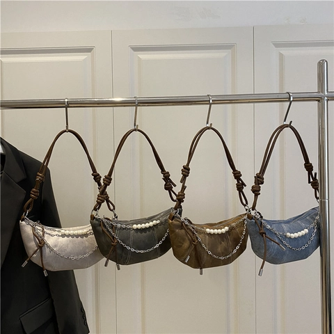 Bolso de Hombro de Lona para Mujer Cadena de Perlas Artificiales Bolso Bandolera Moda Bolso Dumpling Casual Media Luna Verano