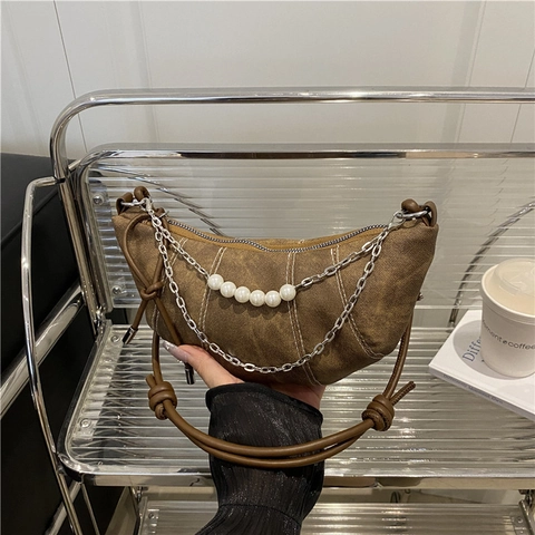 Bolso Hobo De Mezclilla Vintage Estilo Coreano Bolso De Hombro Dumpling Con Cadena De Perlas Artificiales Y Decoración Metálica Correa Anudada