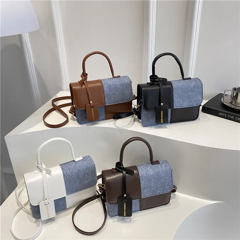 Borsa A Tracolla Patchwork Donna Pelle PU E Denim Piccola Borsa A Mano Quadrata Con Manico Tracolla Regolabile Chic