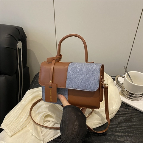Borsa A Tracolla Patchwork Donna Pelle PU E Denim Piccola Borsa A Mano Quadrata Con Manico Tracolla Regolabile Chic