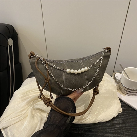 Bolso Bandolera de Mezclilla Vintage para Mujer Con Cadena de Perlas Artificiales y Correa de Nudo Bolso de Hombro Casual de Media Luna