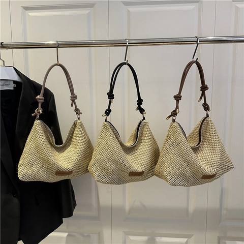 Stroh Gewebte Umhängetasche Für Damen Knotenriemen Sommer Strand Urlaub Tote Mode Patch Reißverschluss Einfache Handtasche