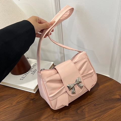 Bolso De Hombro Con Lazo Para Mujer Cuero PU Plisado Fruncido Bolso De Mano Para Axilas Estilo Coreano De Moda Color Sólido