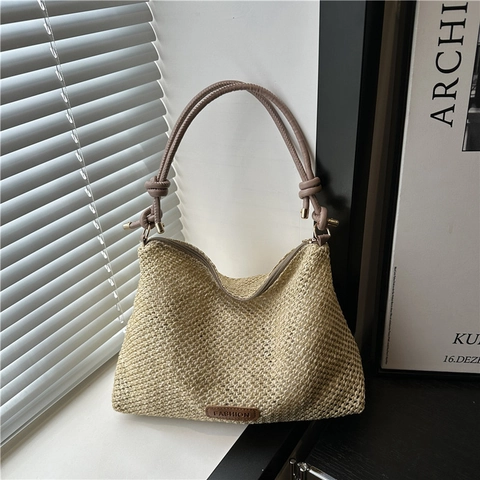 Stroh Gewebte Umhängetasche Für Damen Knotenriemen Sommer Strand Urlaub Tote Mode Patch Reißverschluss Einfache Handtasche
