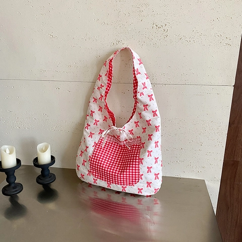 Große Kapazität Tote Bag Nylon Wendbar Gingham Karo Schleife Druck Schultertasche Handtasche Japanischer Stil Lässig