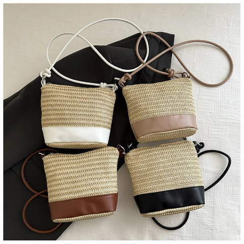 Damen Stroh Eimer Tasche Sommer Strand Urlaub PU Leder Patchwork Umhängetasche Lässig Reißverschluss