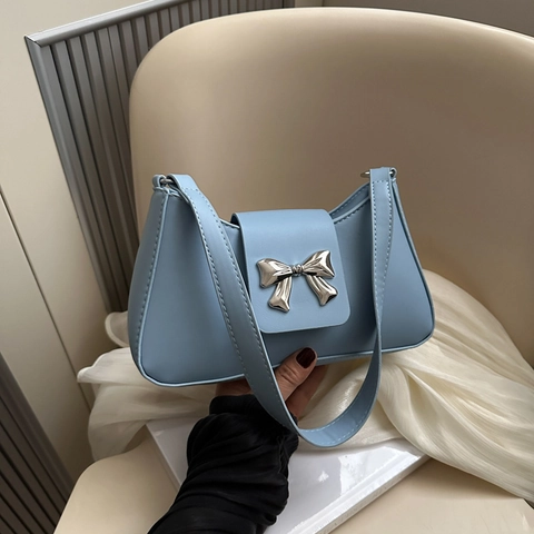 Baguette Bag PU Leather Underarm Shoulder Purse With Metal Bow Decoration Vintage Sweet Style For Women