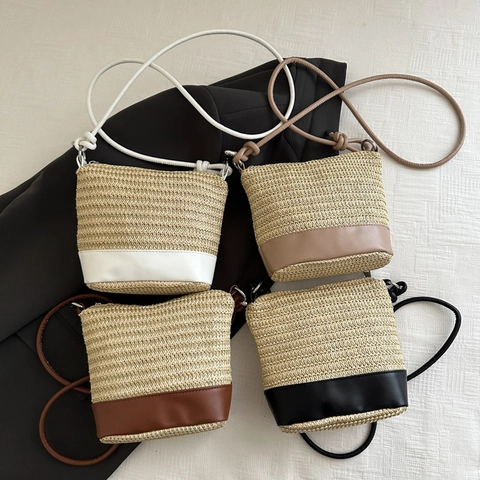 Summer Straw Splicing Bucket Bag Women Beach Vacation Casual Shoulder Crossbody Bag Woven PU Leather Spliced Handbag