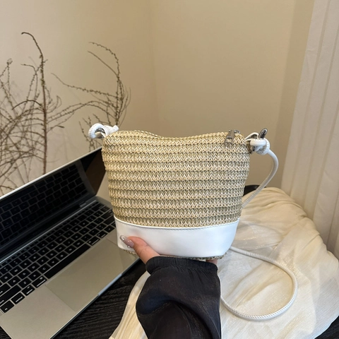 Summer Straw Splicing Bucket Bag Women Beach Vacation Casual Shoulder Crossbody Bag Woven PU Leather Spliced Handbag