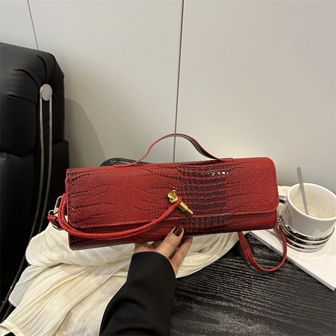 Damen Handtasche Mit Krokodilmuster PU Leder Elegante Lange Rechteckige Umhängetasche Mit Goldener Knotenschnalle