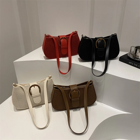 Retro Damen Unterarmtasche Wildleder Textur Kunstleder Schultertasche Mit Metallschnalle Chic Baguette Kleine Tasche