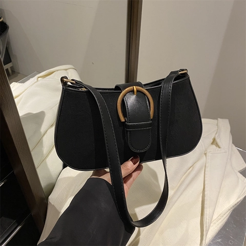 Retro Dames Okseltas Suède PU Leer Grote Metalen Gesp Vintage Schoudertas Baguette Tas Chique Minimalistisch