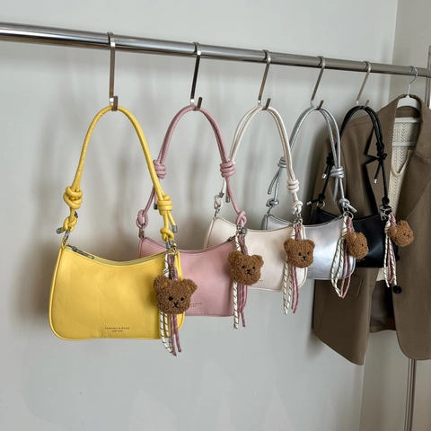 Women PU Leather Hobo Shoulder Bag Knot Strap Half Moon Underarm Purse With Bear Pendant Fashion Casual Handbag