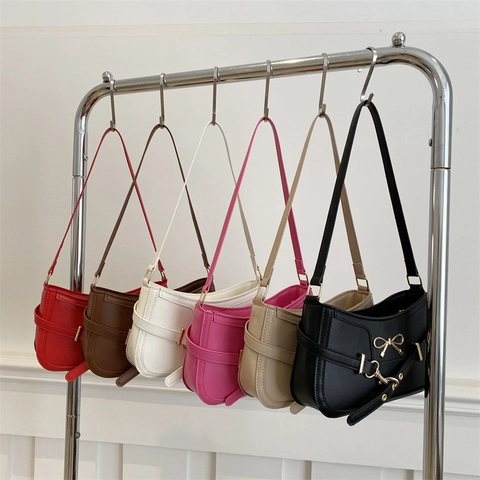 Women Chic PU Leather Baguette Shoulder Bag Gold Bow Decoration Metal Buckle Solid Color Underarm Bag Fashion Handbag