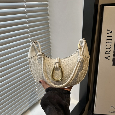 Damen Mode Geflochtene Achseltasche Halbmond Hobo Tasche Mit Goldener Schnalle PU Leder Geknoteter Griff Schultertasche