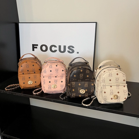 Mini Mode Rucksack PU Leder Bär Raute Druck Metall Kettengurt Vielseitige Handtasche Für Damen Studenten