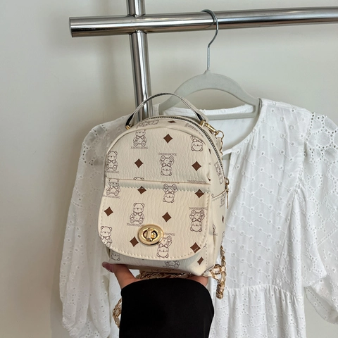 Mini Mode Rucksack PU Leder Bär Raute Druck Metall Kettengurt Vielseitige Handtasche Für Damen Studenten