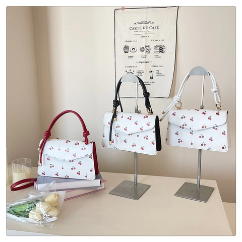 Women Fashion Cherry Print PU Leather Handbag 2025 Trend Casual Niche Design Small Square Bag Messenger Crossbody Bag With Knotted Handle