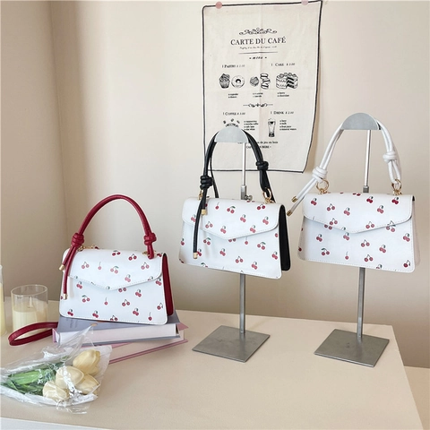 Cherry Print Women Shoulder Crossbody Handbag PU Leather Knot Handle Envelope Flap Sweet Retro Style Daily Casual Bag