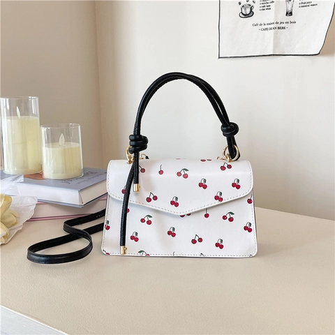 Cherry Print Women Shoulder Crossbody Handbag PU Leather Knot Handle Envelope Flap Sweet Retro Style Daily Casual Bag