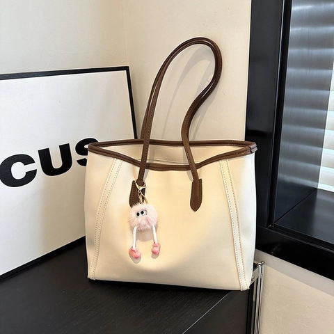 Large Capacity Tote Bag For Women PU Leather Minimalist Shoulder Handbag With Stitching For Work Daily Travel Commuting