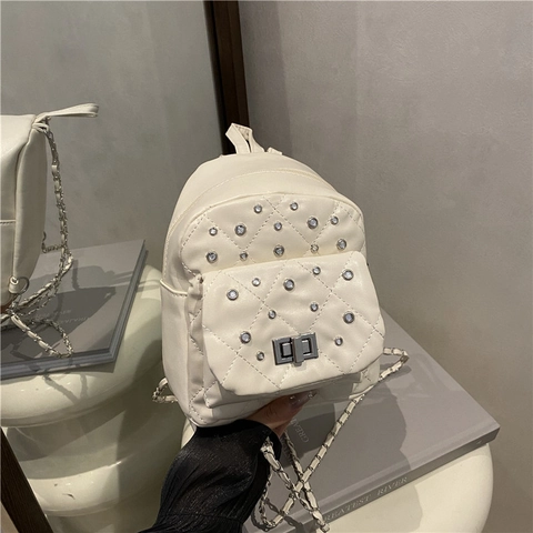 Mini Sac À Dos En Cuir PU Matelassé Orné De Strass Mode Sangle Chaîne Tendance Décontracté Pour Femmes Filles