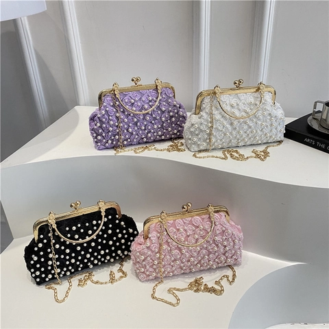 Bolso de Noche Vintage de Encaje Floral con Perlas Artificiales para Mujer Elegante Bolso de Mano para Banquete con Cadena